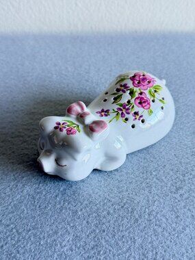 Vintage 1978 Avon Ceramic Pig Figurine With Floral Design & Pink Bow
